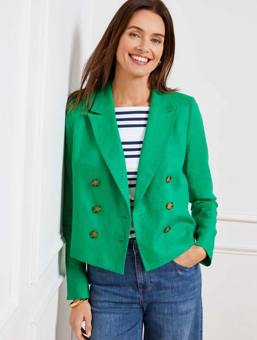 Talbots Green Linen Double Breasted Cropped Blazer Jacket Size 16